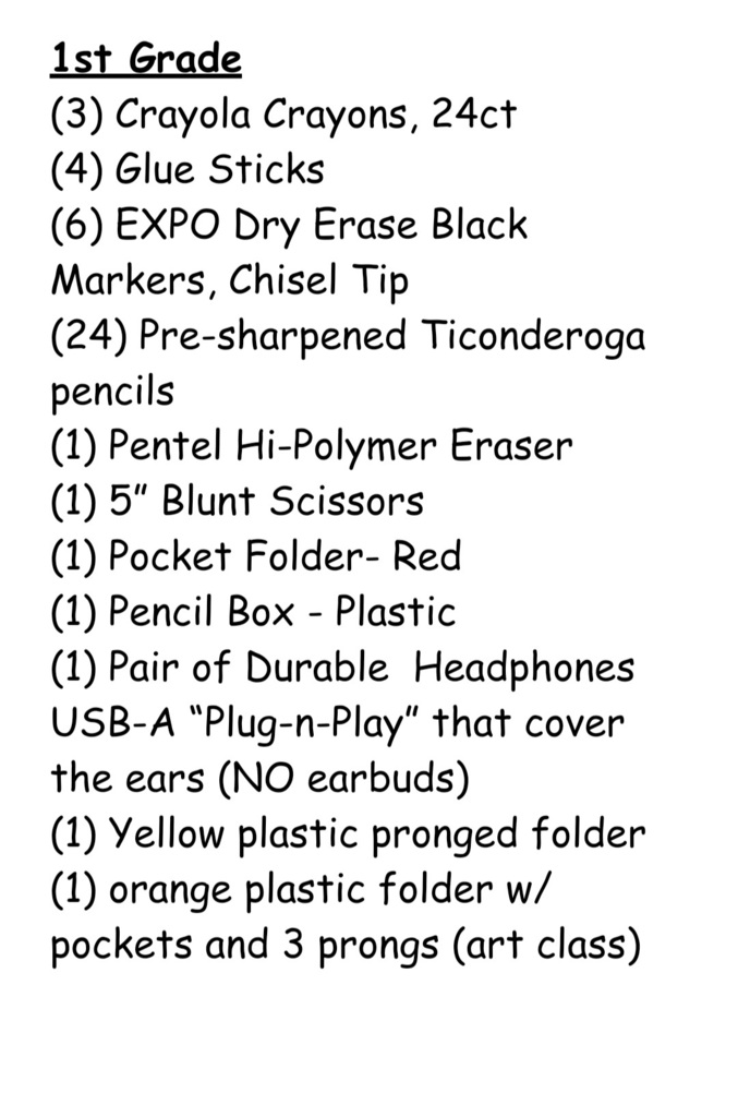 1st grade supply list