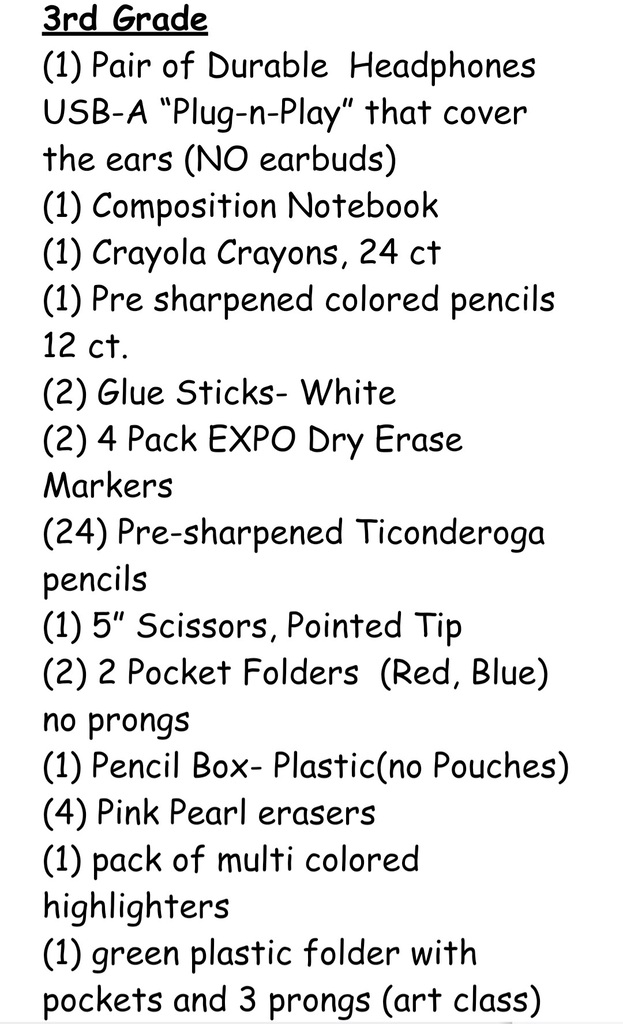 3rd grade supply list