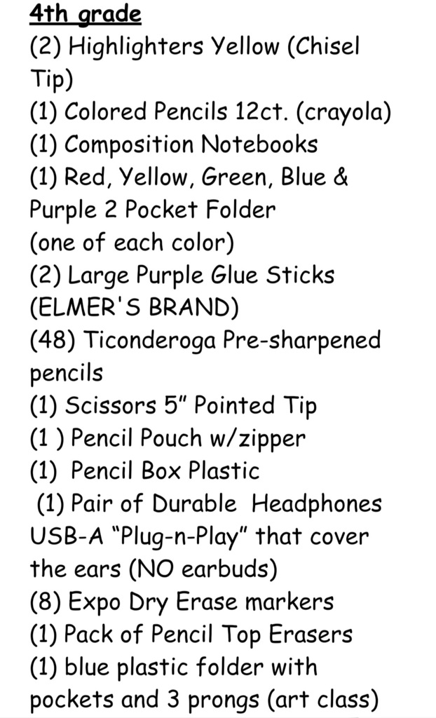 4th grade supply list
