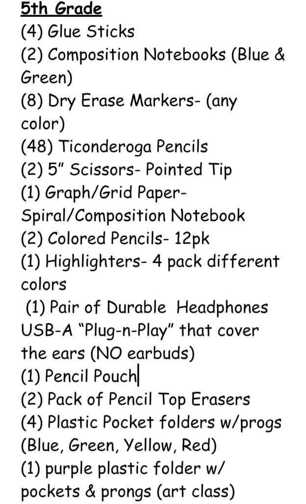5th grade supply list