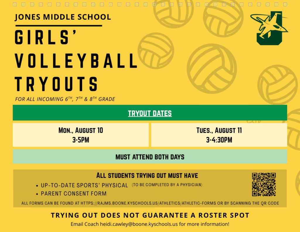 Jones Girls Volleyball Tryouts Aug 10-11