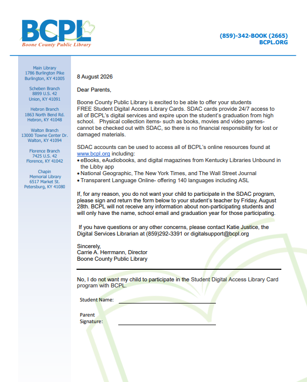 Opt Out Letter - only sign if you DO NOT want your child to receive this free service.