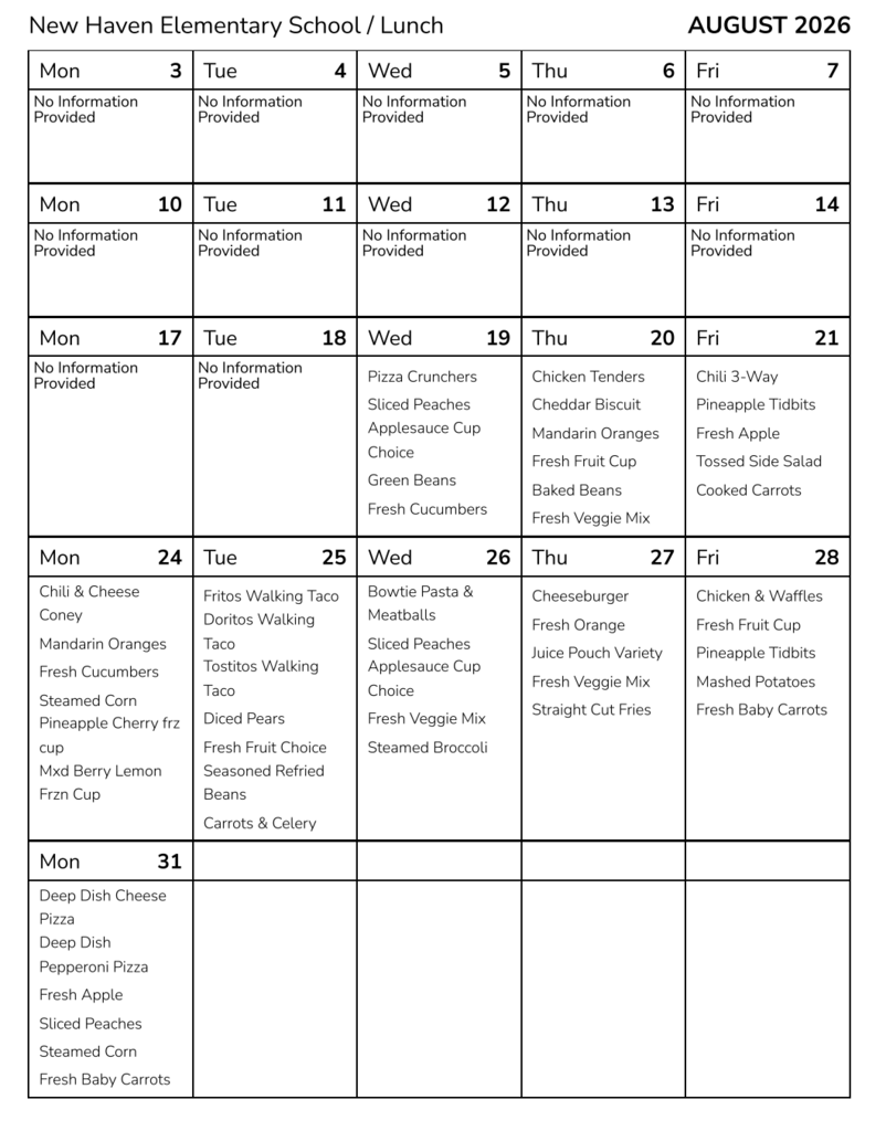 August 2026 Tiger Cafe Menu