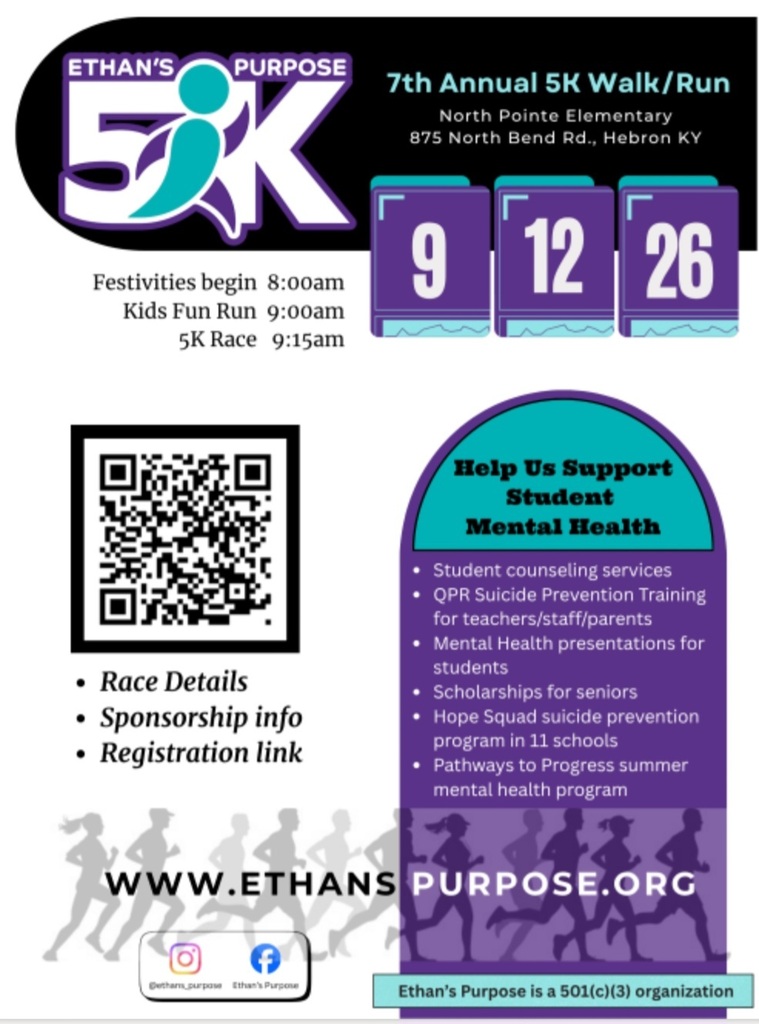 Ethan's Purpose 5K Walk/Run on 9/12/26 at North Pointe Elementary