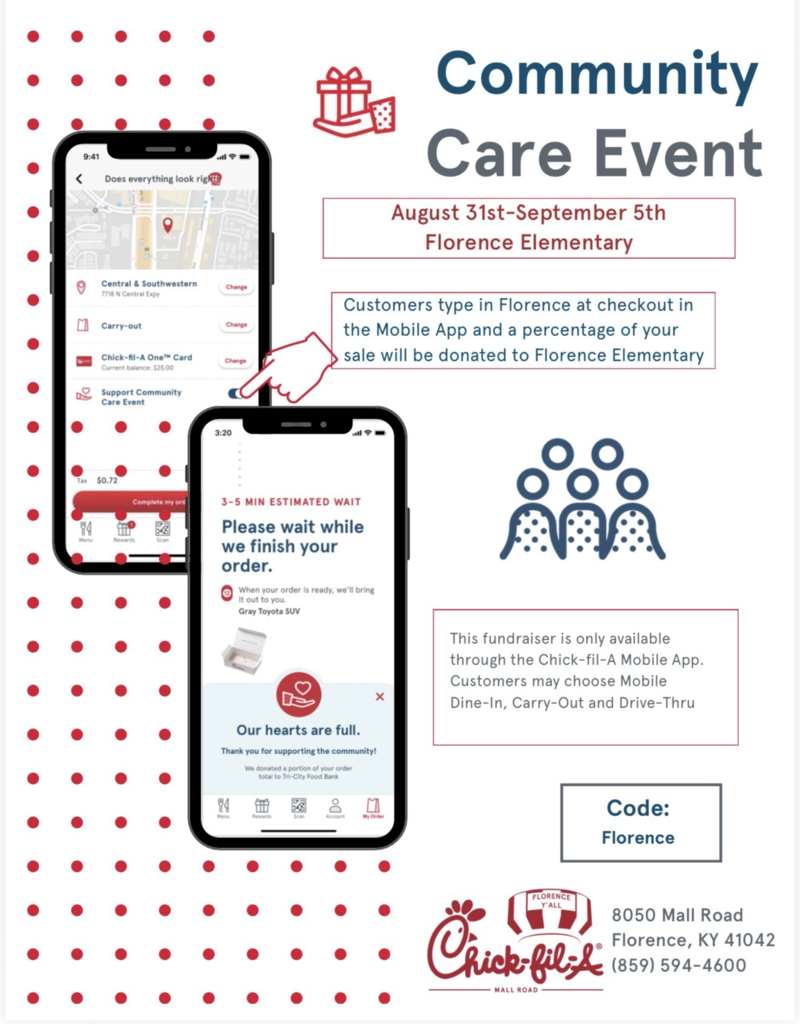 Poster with two phones displaying a donation page, red dots, icons, and text: "Community Care Event, August 31st-September 5th".