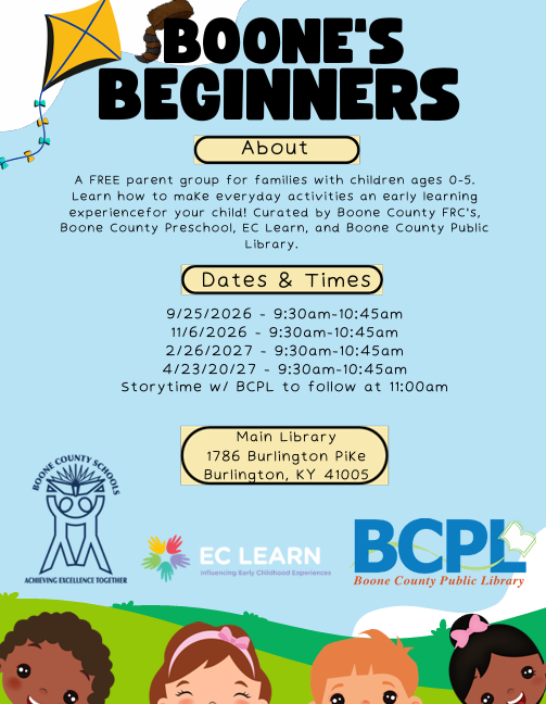 Flyer for Boone's Beginners with dates and times. Location is Boone County Public Library.