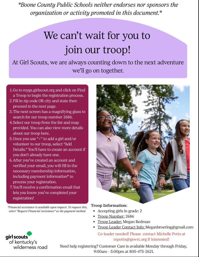 Flyer with green background displays a guide on how to join a troop. Three girls, two in the foreground and one in the background, walk holding hands.