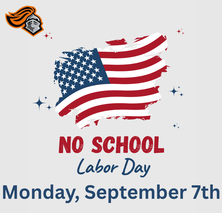 Text reads, "NO SCHOOL Labor Day Monday, September 7th." A stylized American flag is on a gray background.
