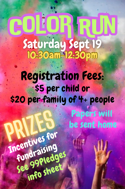 An event poster titled "Color Run" with rainbow colors. It includes the date, time, and fees. Hands in the foreground.