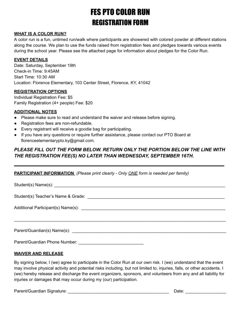 A form titled "FES PTO COLOR RUN REGISTRATION FORM" is displayed. It includes sections for event details, registration options, participant information, and a waiver.