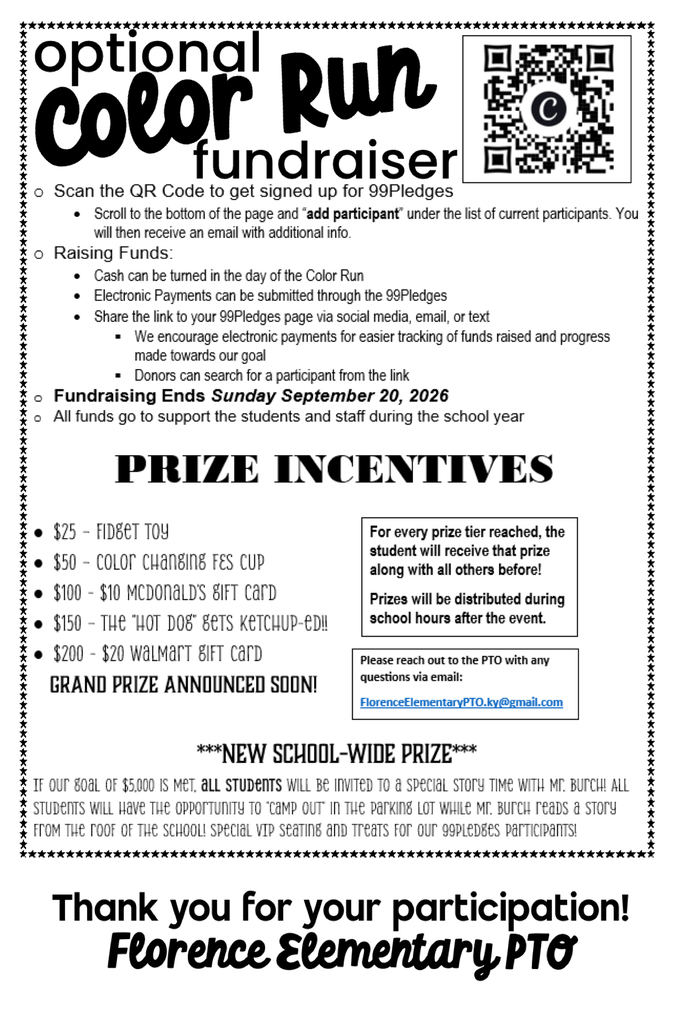 A flyer advertises a Color Run fundraiser with prizes like a toy, gift cards, and a Walmart gift card. It includes QR code, participation details, and an invitation to join.