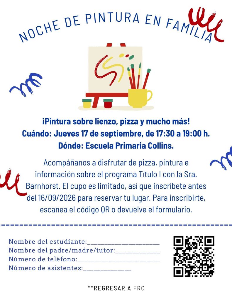 An event poster titled "Noche de Pintura en Familia" has a paintbrush icon, a cup, and a pizza slice. Information includes date, time, and QR code for registration.