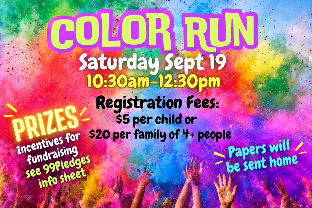 Bright multicolored powders spread across a vibrant background. Text highlights "Color Run", event date, time, and registration fees.