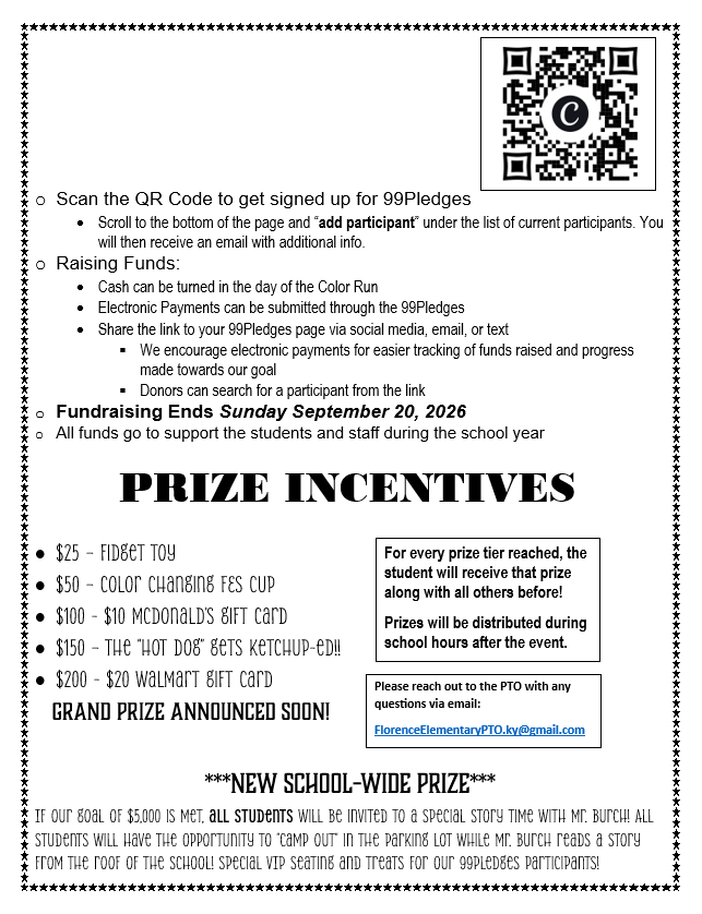 A document with black text on a white background. It includes a QR code, fundraising details, and prize incentives. Prizes include a fidget toy, McDonald's gift card, and others.