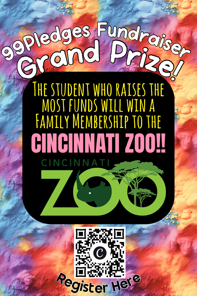 Bright poster for a fundraiser with a QR code and "99 Pledges Grand Prize!" The Cincinnati Zoo is offering a family membership as the grand prize.