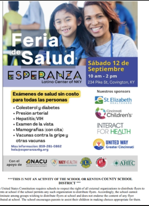Health fair flyer with "Feria de Salud" in bold letters. Includes a photo of smiling woman and girl, date, and list of free health services.