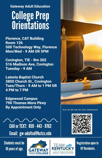 Advertisement for college prep orientations. Location, date, and time details provided. QR code and contact information included.