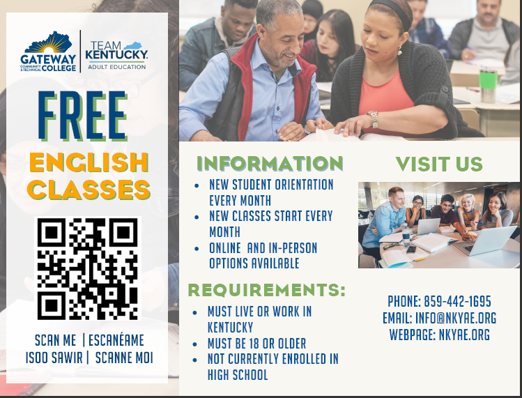 Poster advertising free English classes. A man and woman work at a table. QR code, phone, email, and website options.