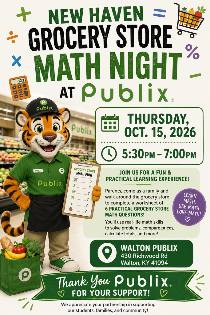 An advertisement for a Math Night event at a Publix store. It features a mascot with a math worksheet.