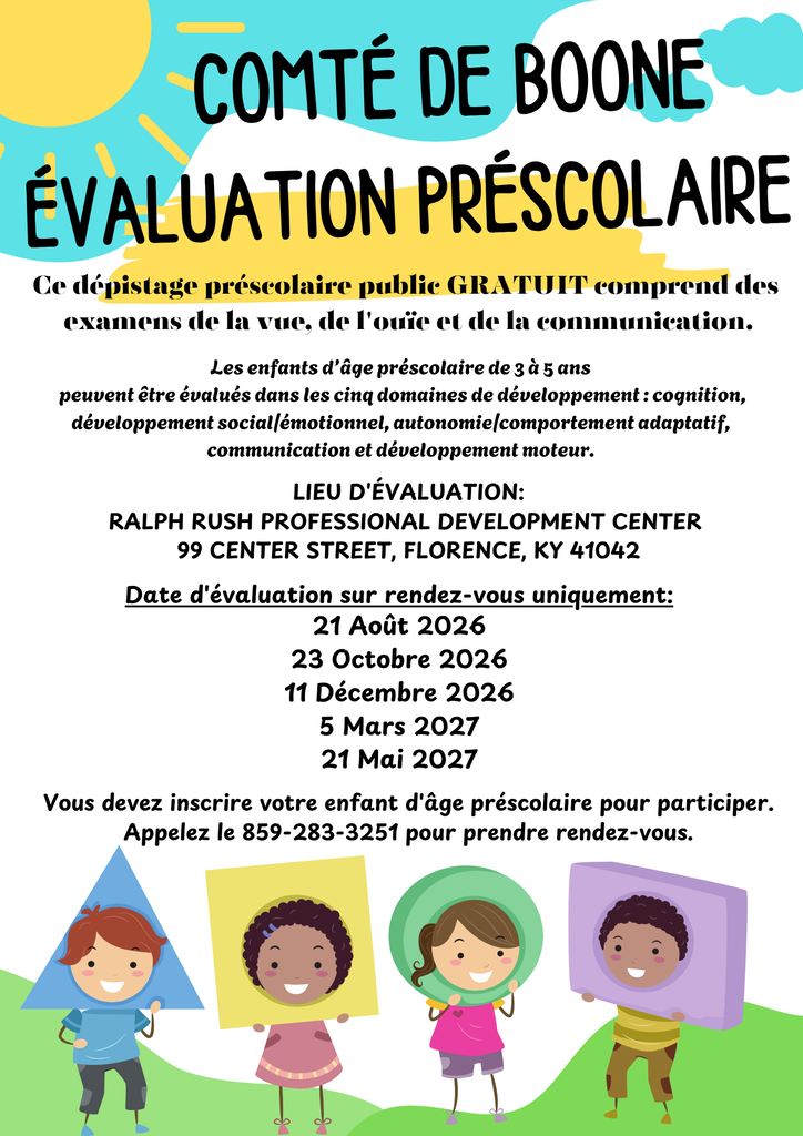 Flyer with children holding signs. The title reads "Compte de Boone Evaluation Préscolaire." Location: Ralph Rush Center. Dates: 21 Mar, 23 Oct, 11 Dec, 5 Mar.
