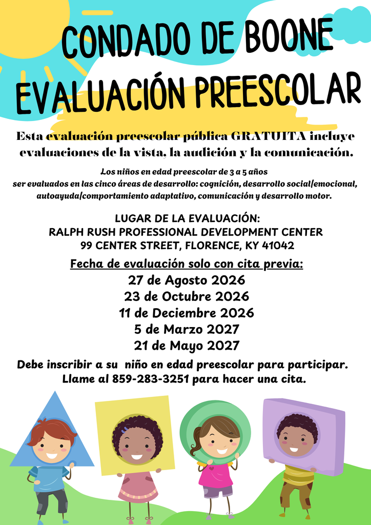A flyer with a colorful background displays text and illustrations of children. It reads "Condado de Boone Evaluación Preescolar."