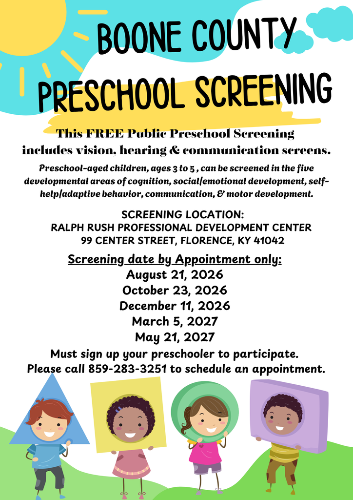 Flyer with blue, white, and green background. Children holding signs with a sun. Text reads "Boone County Preschool Screening" and "FREE Public Preschool Screening" at top.