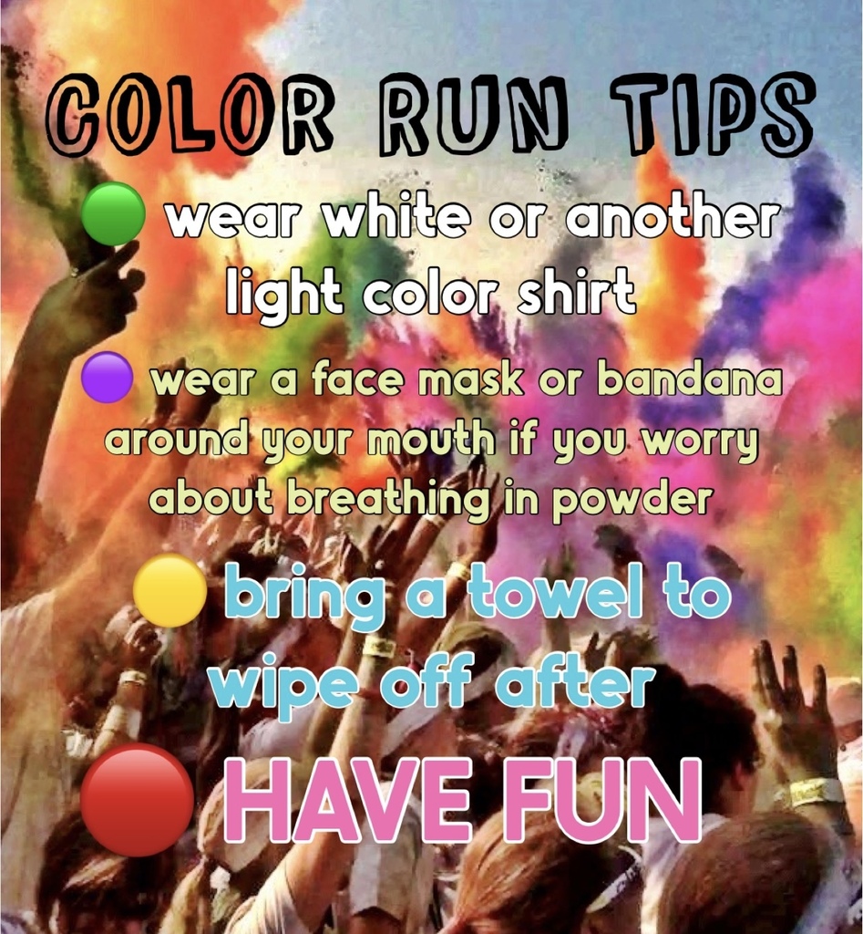 A crowd of people at a color run. Tips for participants include wearing light-colored clothing, a face mask, and bringing a towel.