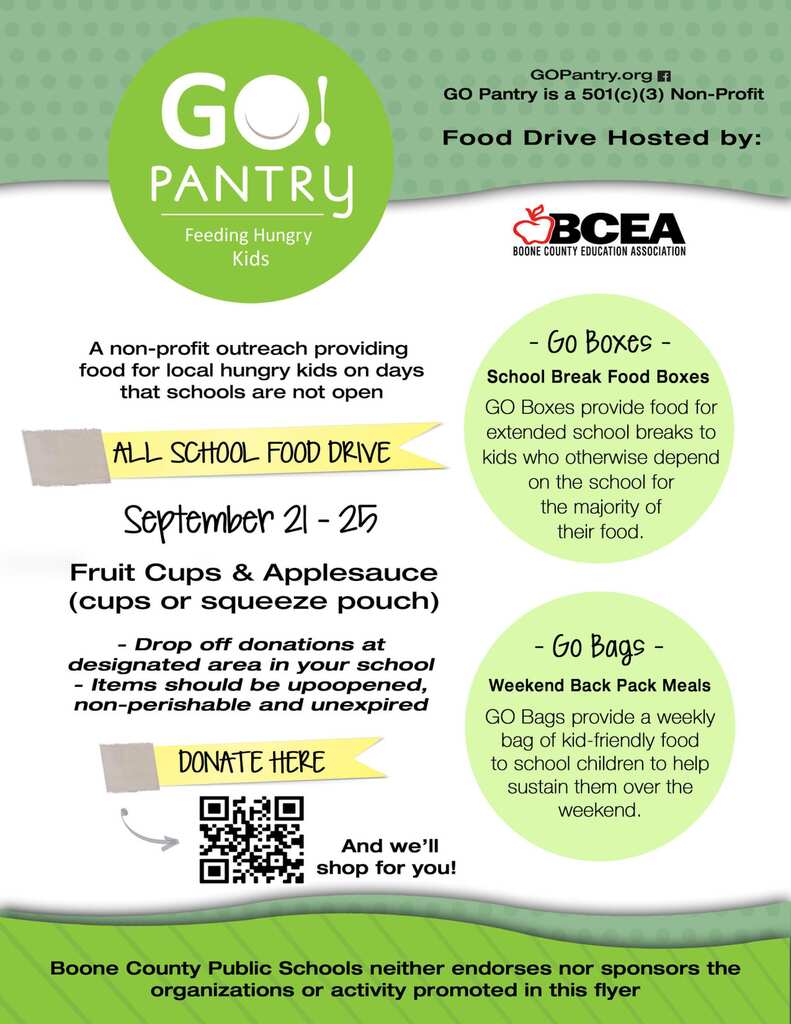 A flyer with green and yellow accents displays a food drive event for local hungry kids. Dates, donation details, and QR code are shown.