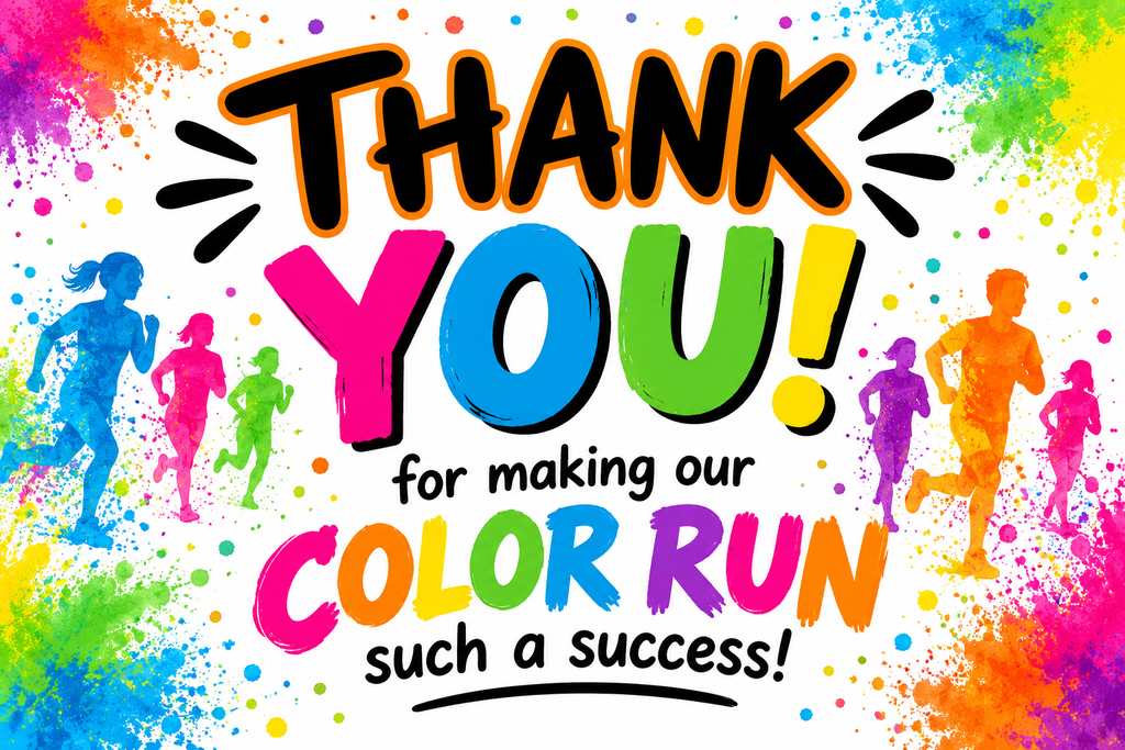A poster with "Thank You!" written in vibrant colors. Silhouettes of people running, surrounded by colorful paint splatters.