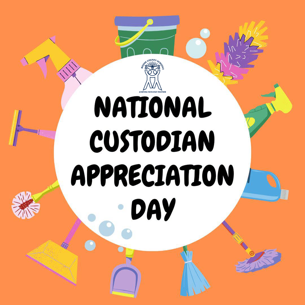 Orange background displays various cleaning tools. Centered text reads "NATIONAL CUSTODIAN APPRECIATION DAY".