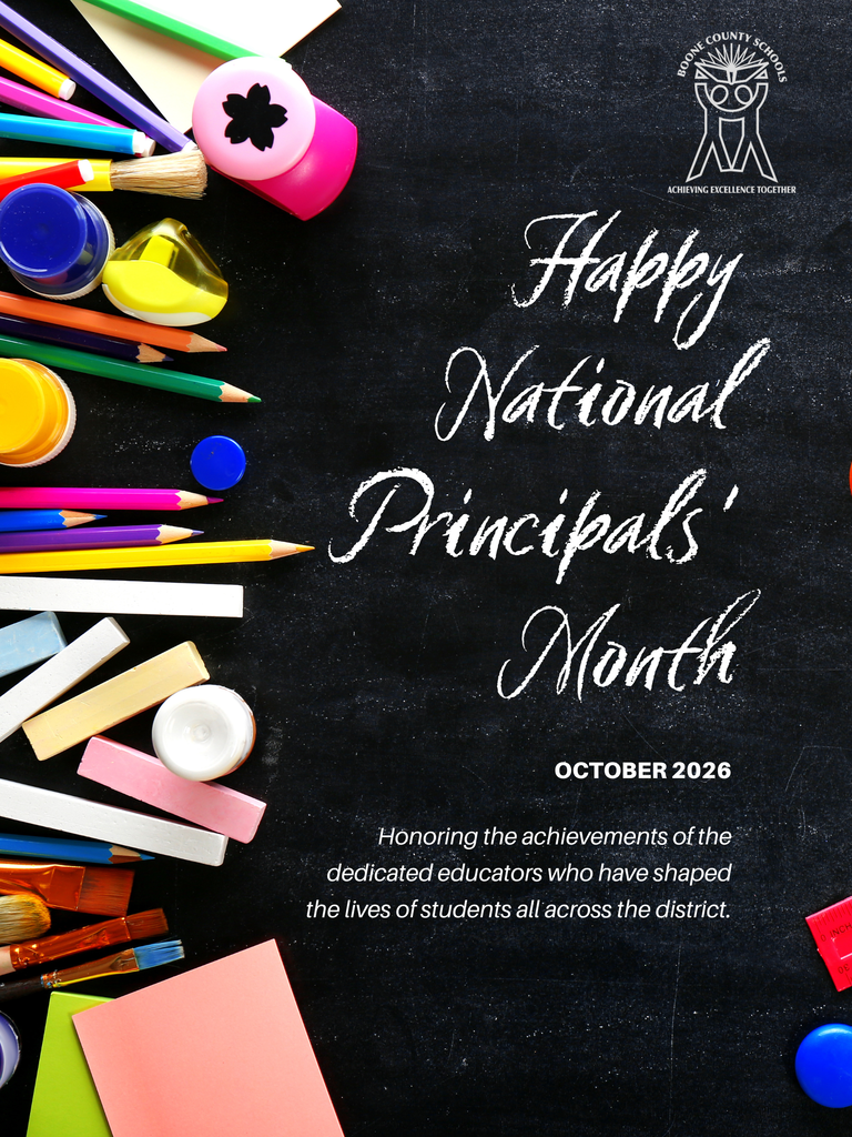 A chalkboard displays various school supplies, text reading "Happy National Principals' Month" and "OCTOBER 2026" in white font.