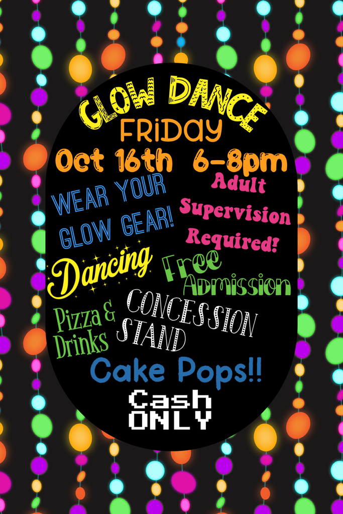 A black oval hosts text about a Friday night dance event. It includes dates, times, and event details. Colorful dots surround the oval.