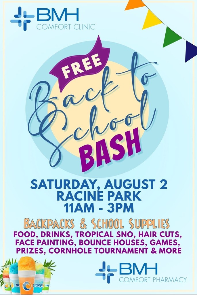 Flyer for Back to School Bash provided by Boone Memorial Hospital Comfort Pharmacy