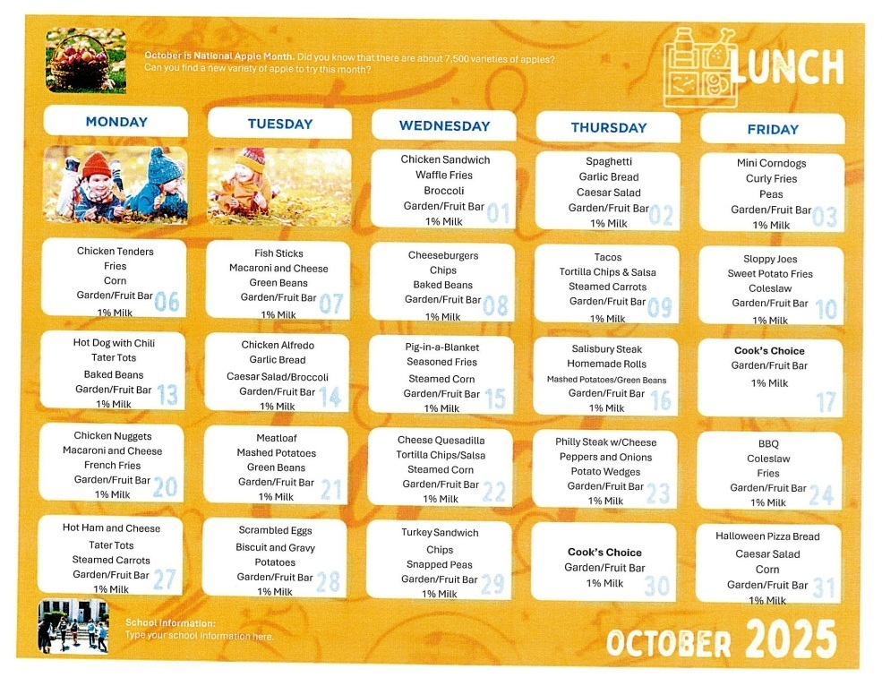 Menu for school lunch for October