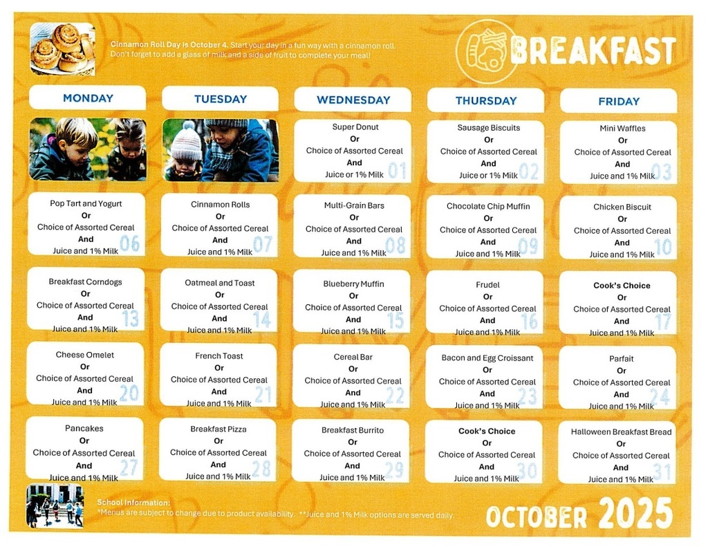 Menu for school breakfast for October
