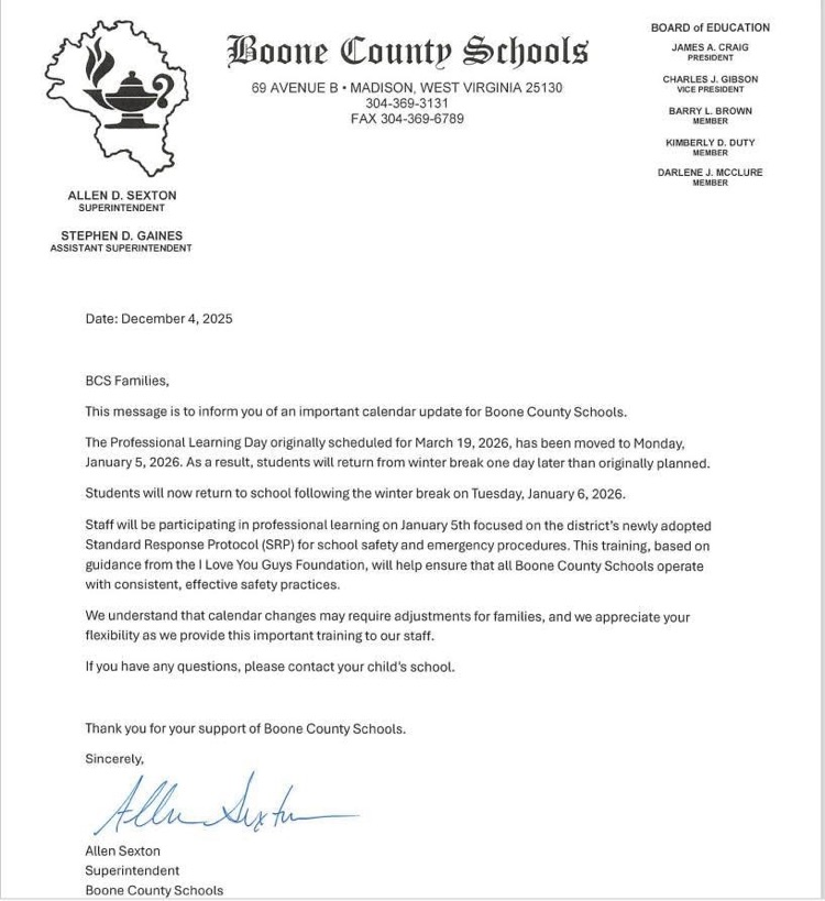 Letter explaining change to school calendar  