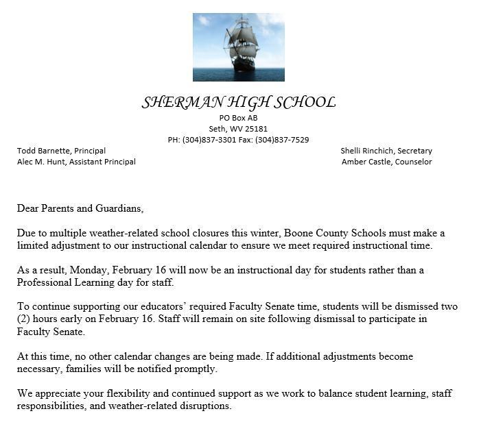 Letter explaining the two hour early dismissal for students 