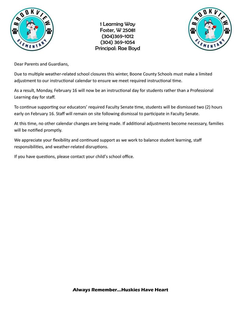 Letter about schedule change for February 16th