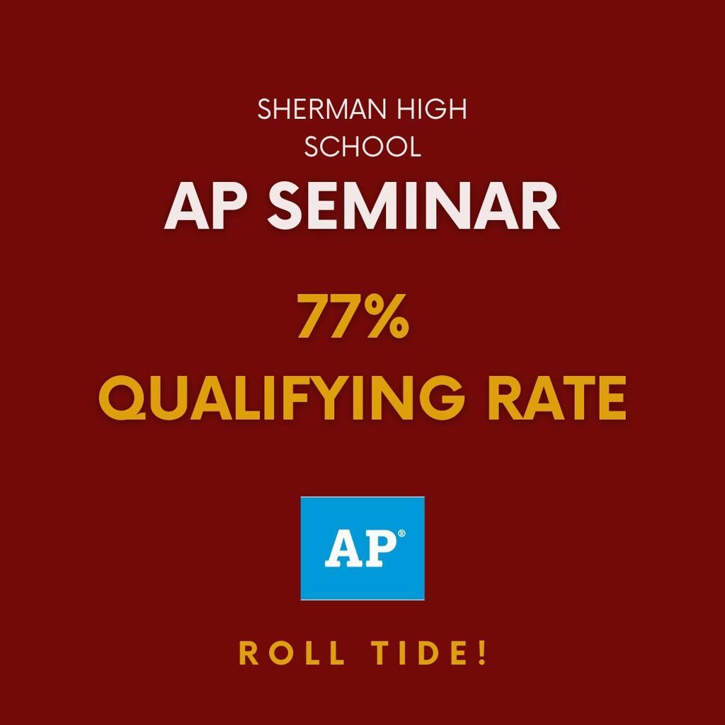 Maroon graphic announcing Sherman High's 77% qualifying rate on the AP Seminar test.