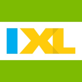 A graphic with green bars at the top and bottom with a white center. The text reads “IXL"