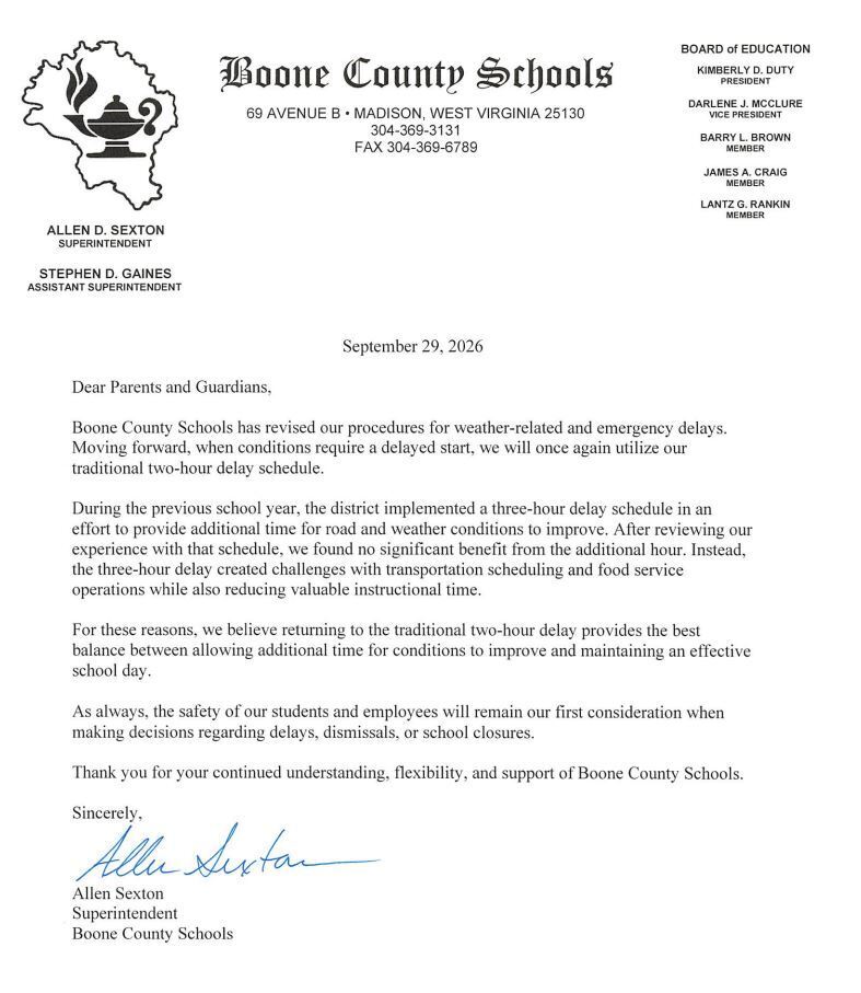Letter regarding delay schedule for this year