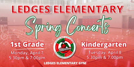 Graphic shows spring concerts happening this week at Ledges Elementary on Monday and Tuesday