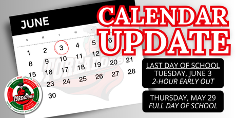 Graphic shows a BCSD calendar update due to snow days