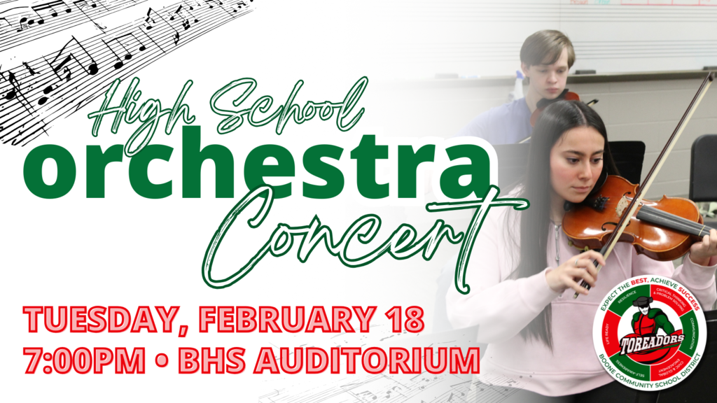 Graphic shows a high school orchestra concert on Tuesday at 7 pm