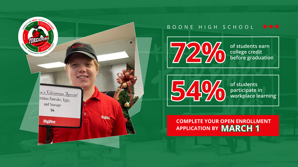 Graphic suggests that families complete an Open Enrollment application by March 1