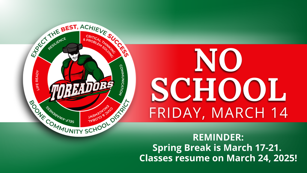 Graphic shows no school on Friday, March 14 and no school next week due to Spring Break.