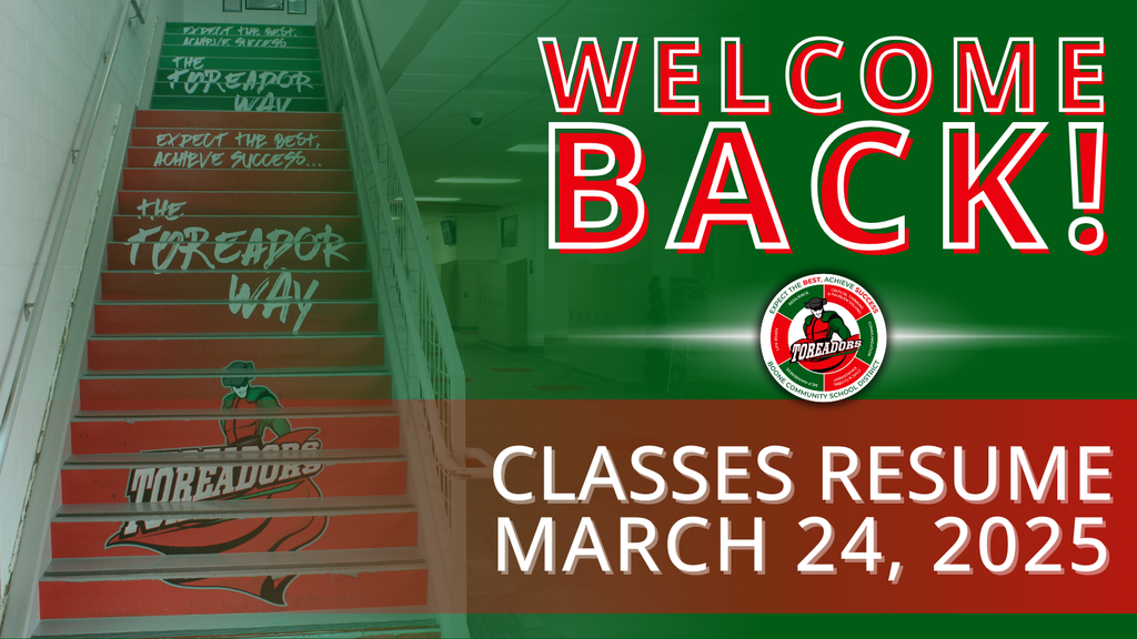 Graphic shows that classes resume on Monday.