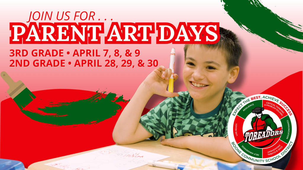 Graphic shows the dates for Parent Art Days in April.