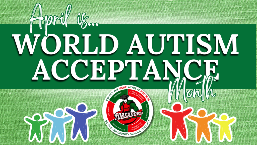 Graphic shows that April is World Autism Acceptance Month.