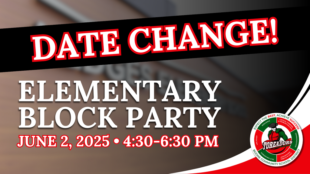 Graphic shows that there is an Elementary Block Party on June 2.